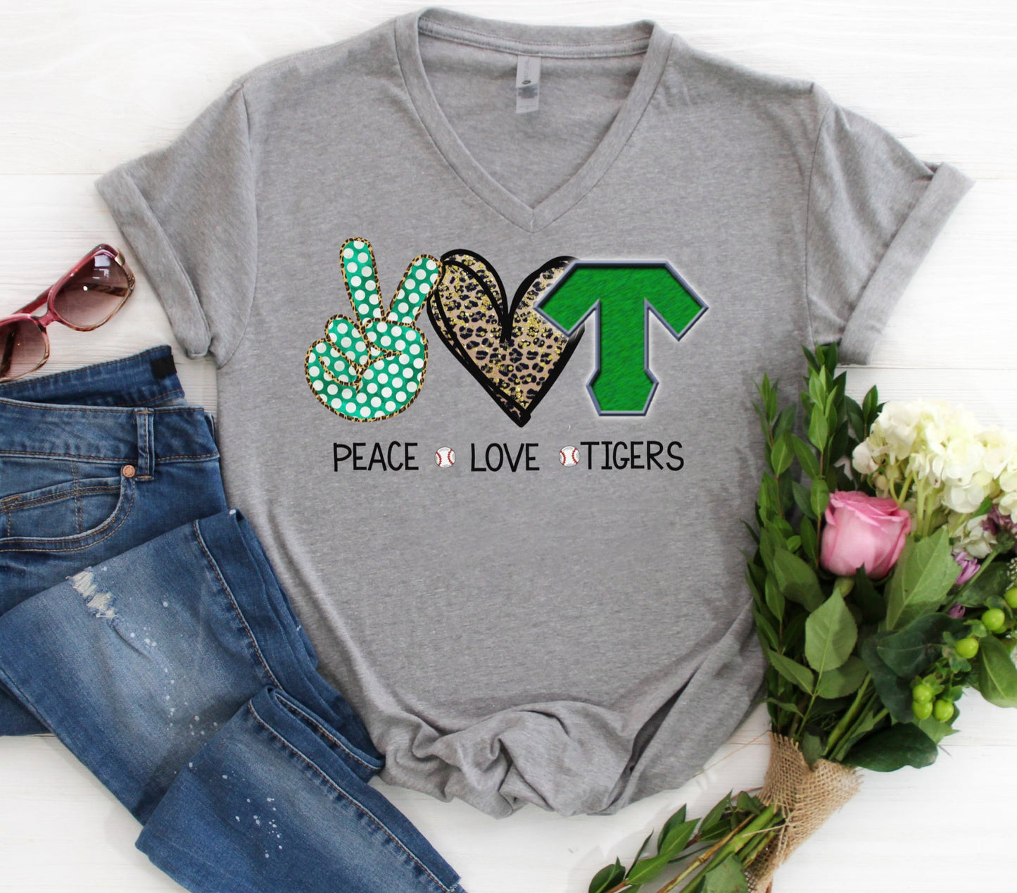 V-Neck Peace Love Tigers Baseball Shirt - Unisex Green Tee