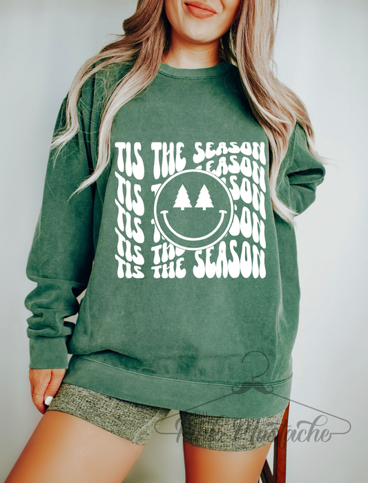 Green Comfort Colors Tis The Season Smiley Christmas - Sweatshirt - Adult Sizes