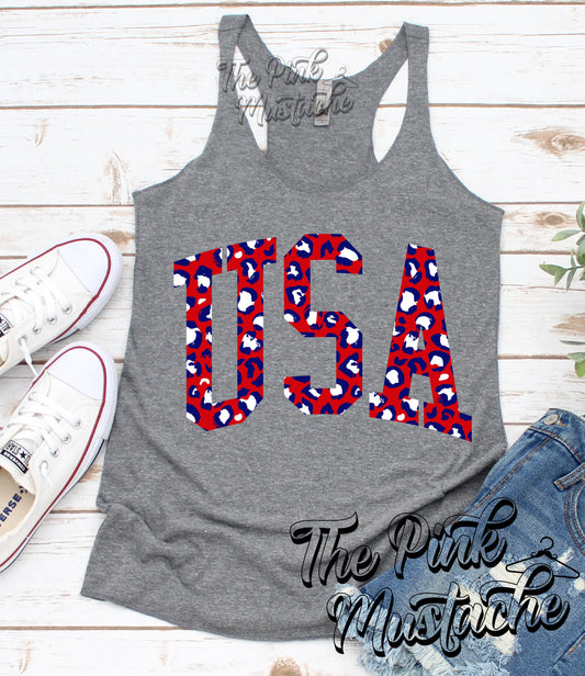 4th of July USA Merica USA Patriotic Leopard Racerback Tank Top/ Youth and Adult Sizes Available