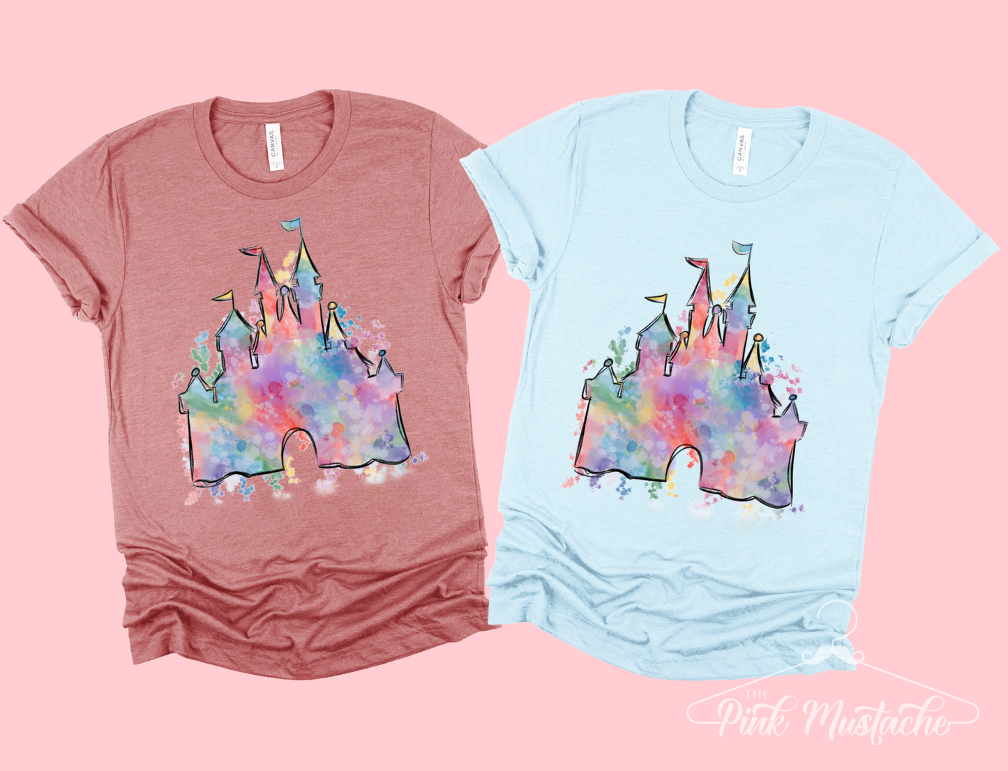 The Pink Mustache Watercolor Castle Tee - Disney World or Disneyland Group Trip Shirts - Watercolor Disney Tee Adult XL / Mauve (Left)