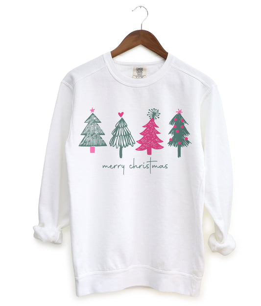 Bella, Comfort Colors, or Gildan Merry Christmas Sweatshirt/ Pink Trees