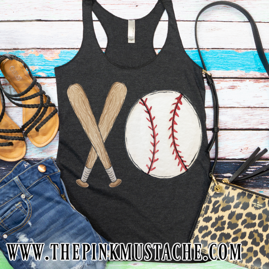 Baseball Hand Painted XO Bat and Ball Tank